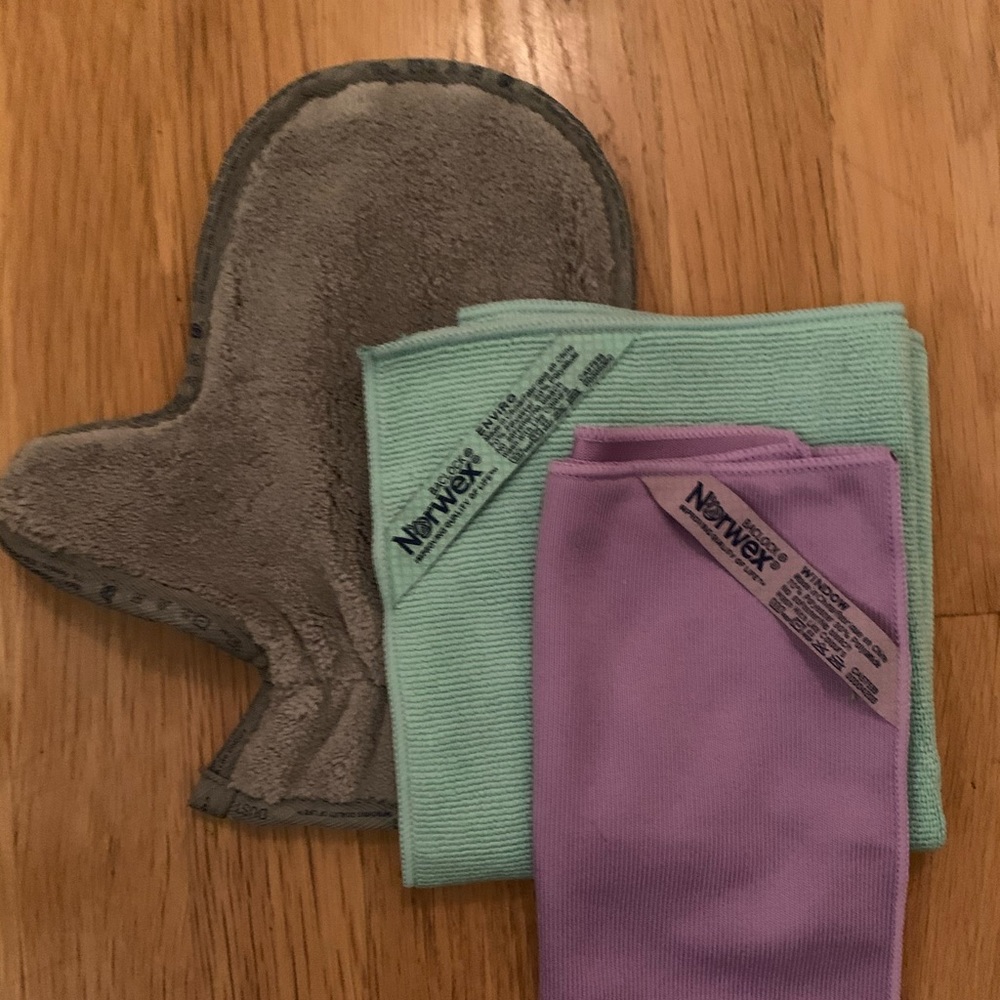 Norwex dust mitt, envirocloth, and window cloth.